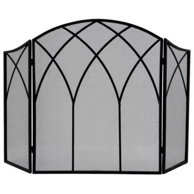 3-Piece Arched Fireplace Screen, Decorative Handmade Wrought-Iron Spark Guard, 50.4" x 31.5", Black
