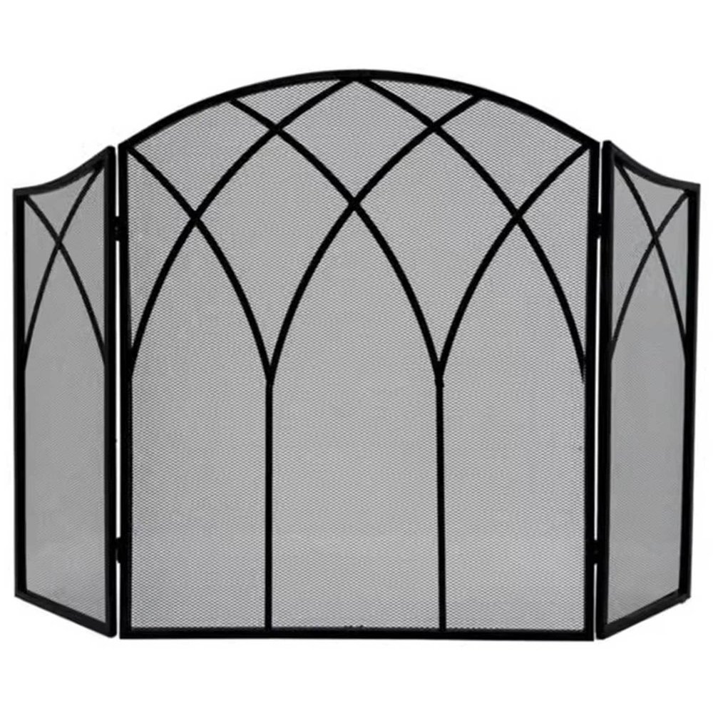 3-Piece Arched Fireplace Screen, Decorative Handmade Wrought-Iron Spark Guard, 50.4" x 31.5", Black