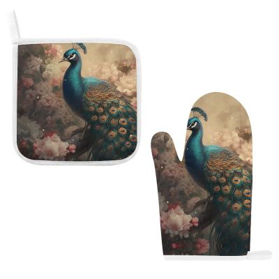 Oven Mitts and Pot Holders, 2-Piece Set, Heat-Resistant, Non-Slip, Oriental Peacock Pattern