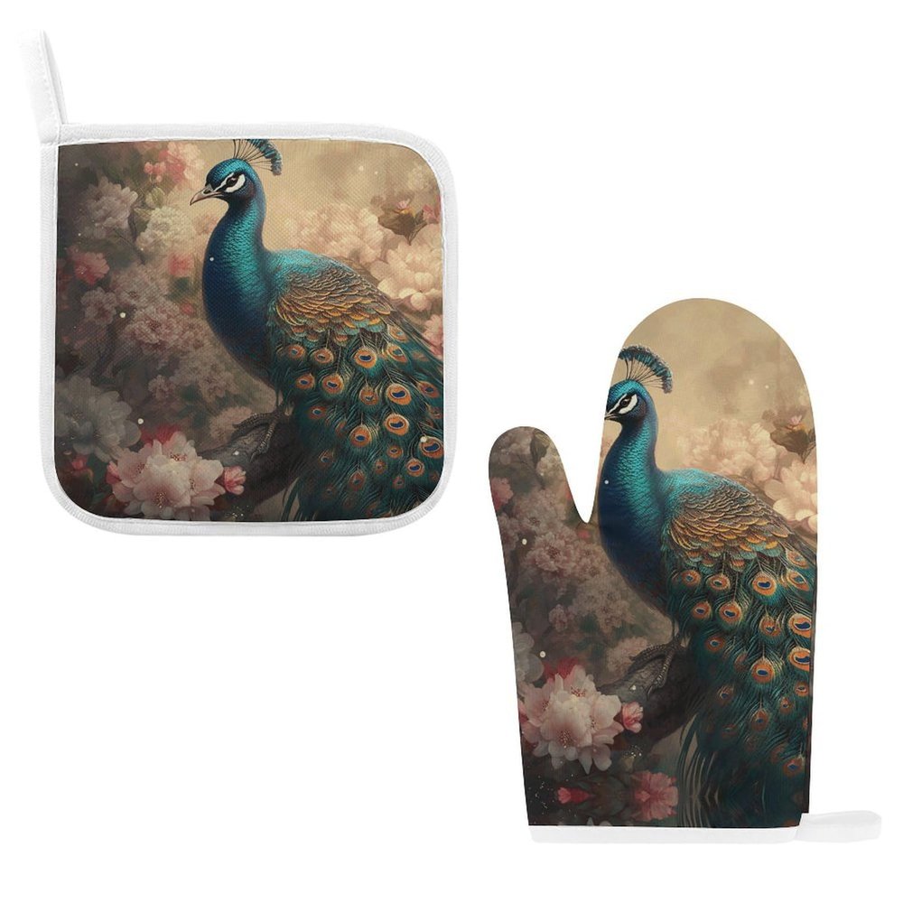 Oven Mitts and Pot Holders, 2-Piece Set, Heat-Resistant, Non-Slip, Oriental Peacock Pattern
