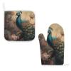 Oven Mitts and Pot Holders, 2-Piece Set, Heat-Resistant, Non-Slip, Oriental Peacock Pattern view 1