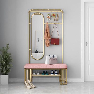 Freestanding Industrial-Style Coat Rack with Removable Hooks, Shoe Rack, Bench and Mirror