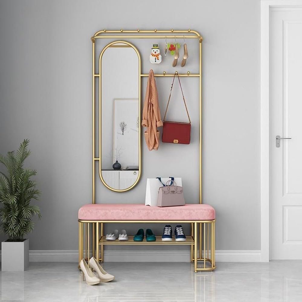 Freestanding Industrial-Style Coat Rack with Removable Hooks, Shoe Rack, Bench and Mirror