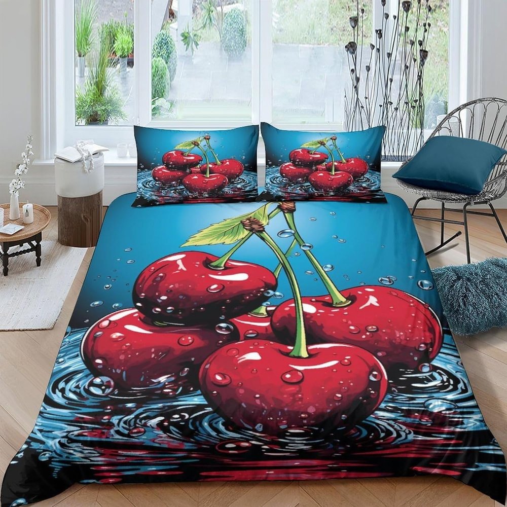 TMMDH Cherry Bedding Set 200x200 cm, Silky-Surface Microfiber, Wrinkle-Resistant Duvet Cover with Zipper, 2 Pillowcases 80x80 cm, for Allergy Sufferers