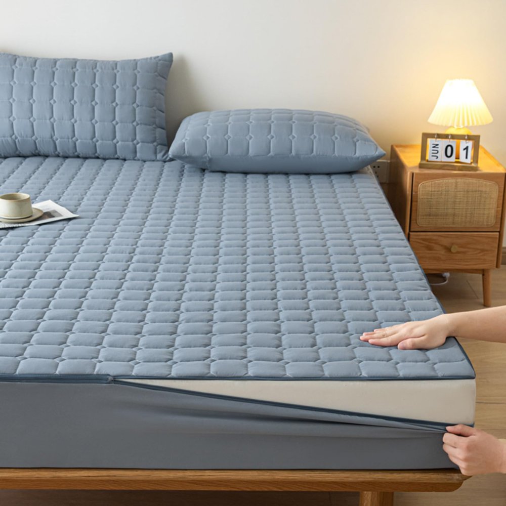 Zippered Mattress Protector, Gray, Soft, Adjustable Quilted Encasing Cover, Washable Fitted Sheet Mattress Topper (160x200+5 cm, Blue)