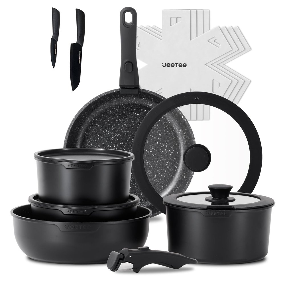 JEETEE 17-Piece Pots and Pans Set with Removable Handles, Nonstick, Induction-Compatible, Black