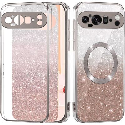 YANJIEER ESONG Glitter Silicone Case for Google Pixel 9 Pro XL, Slim MagSafe-Compatible Magnetic Case for Women and Girls, Silver