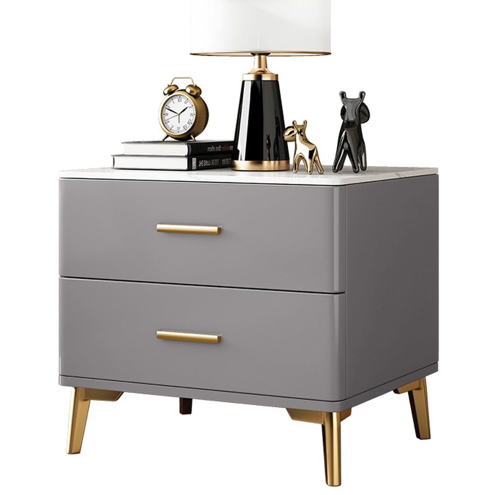 Weier Nightstand with 2 Drawers and Gold-Tone Metal Legs, Gray