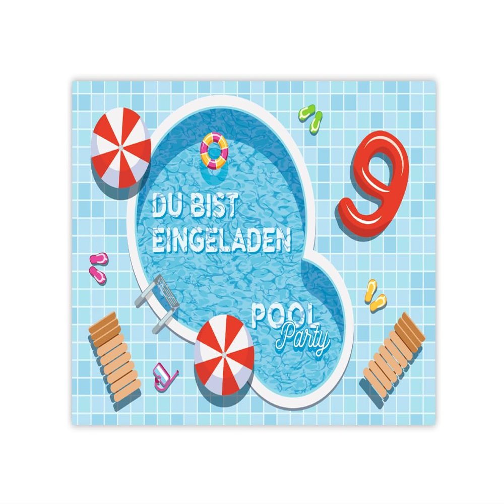 JuNa-Experten 6 Swimming Pool Birthday Invitation Cards for a 9th Birthday
