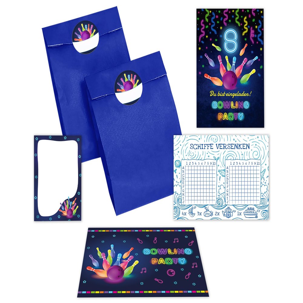 JuNa-Experten 6 Bowling Invitations for an 8th Birthday, Blue Party Bags, Envelopes, Stickers, Notepads & Battleship