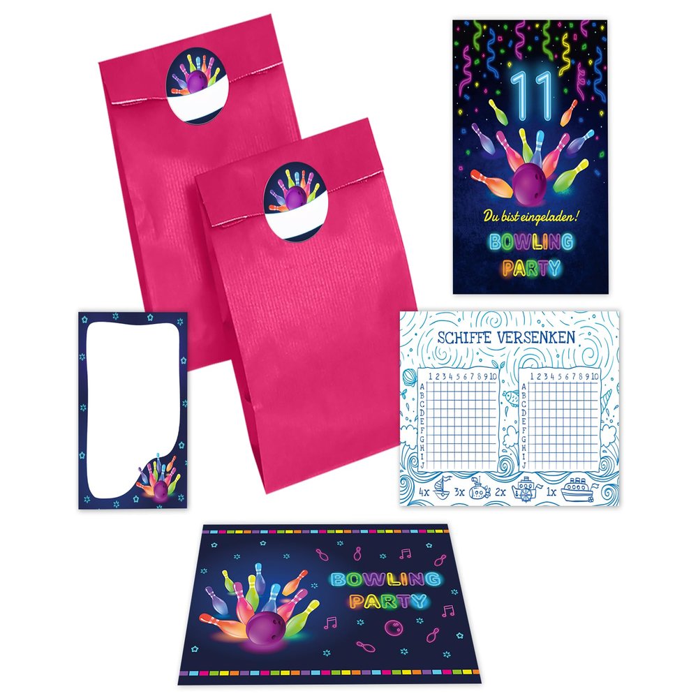 JuNa-Experten 12 Bowling Birthday Invitations for an 11th Birthday, Pink Party Set