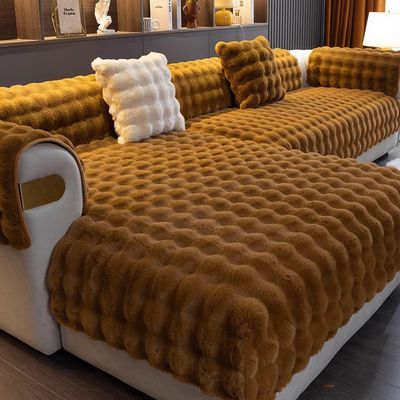 AYUOEODM Rabbit Plush Sofa Cover, Universal Couch Protector for 1–4-Seater and L-Shaped Sofas, Brown, 90 x 180 cm