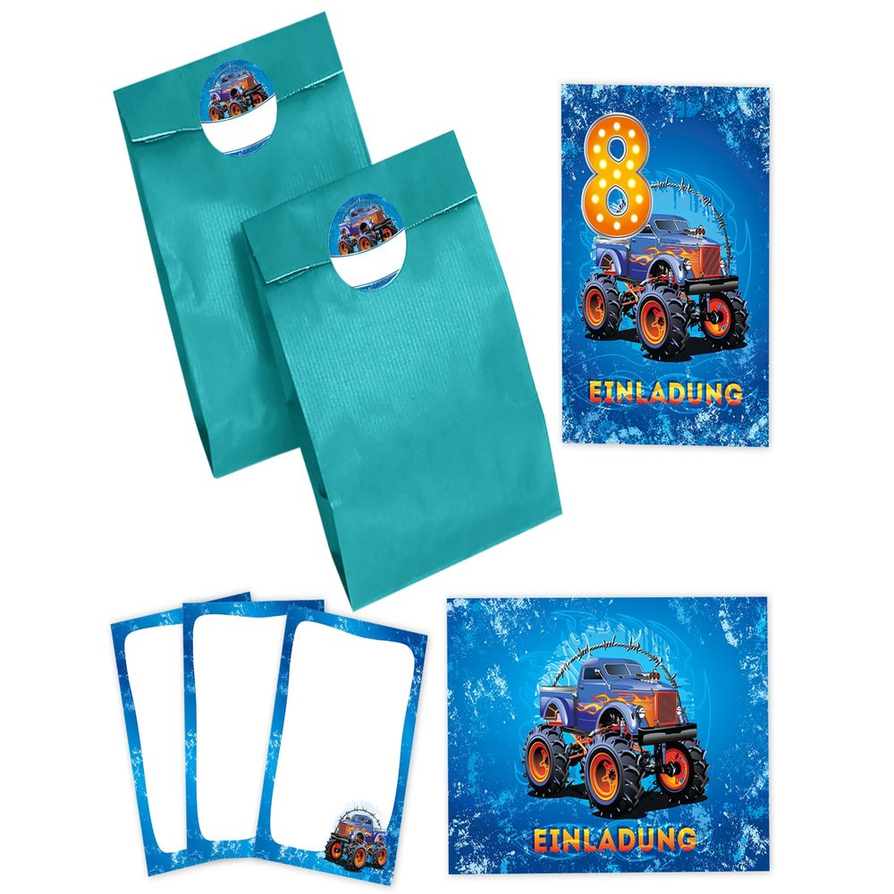 JuNa-Experten 8th Birthday Invitations for Boys, Monster Truck, 12-Piece Set