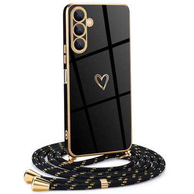 Mkej Women's/Girls' Phone Lanyard Case for Samsung Galaxy A16 5G, Heart Design, Black and Gold Cord