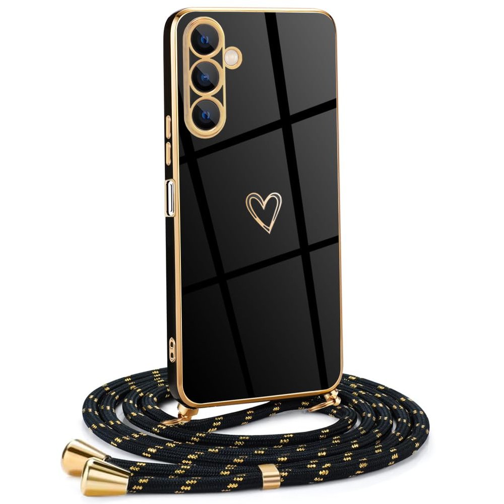 Mkej Women's/Girls' Phone Lanyard Case for Samsung Galaxy A16 5G, Heart Design, Black and Gold Cord