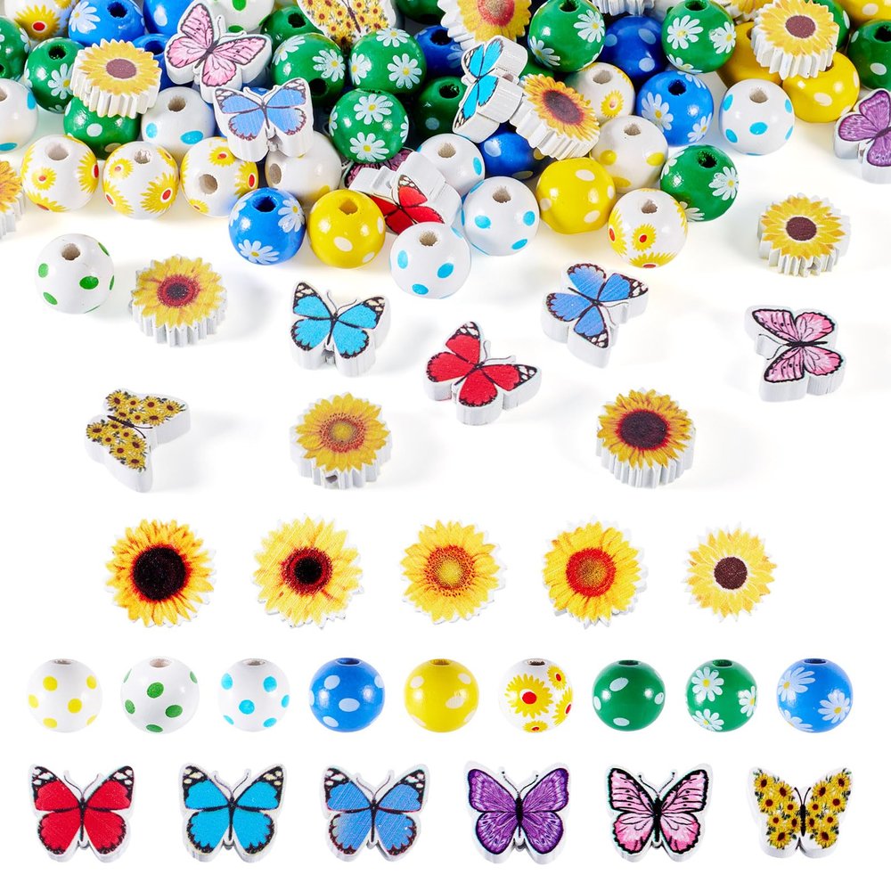 Crafans Butterfly and Sunflower Wooden Beads, Large Pack, 134 Pieces