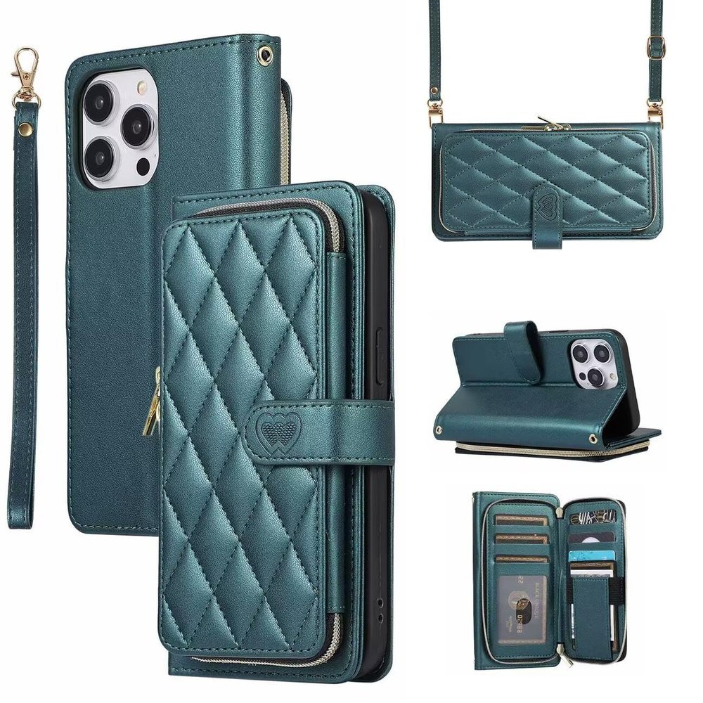 GoodcAcy Wallet Case with Strap for Samsung Galaxy Z Fold 4, Folding PU Leather Flip Cover with 9 Card Slots, Magnetic Closure and Crossbody Chain, Green