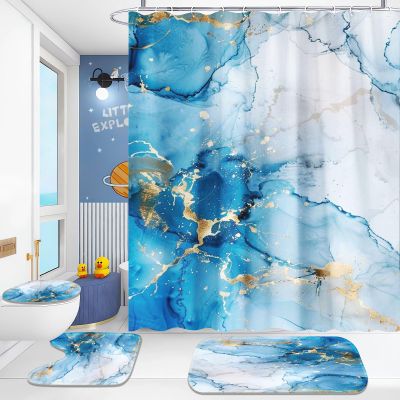 Fading Marble Shower Curtain Set, Black, Gold & Green Pattern, 4-Piece, 180 x 180 cm