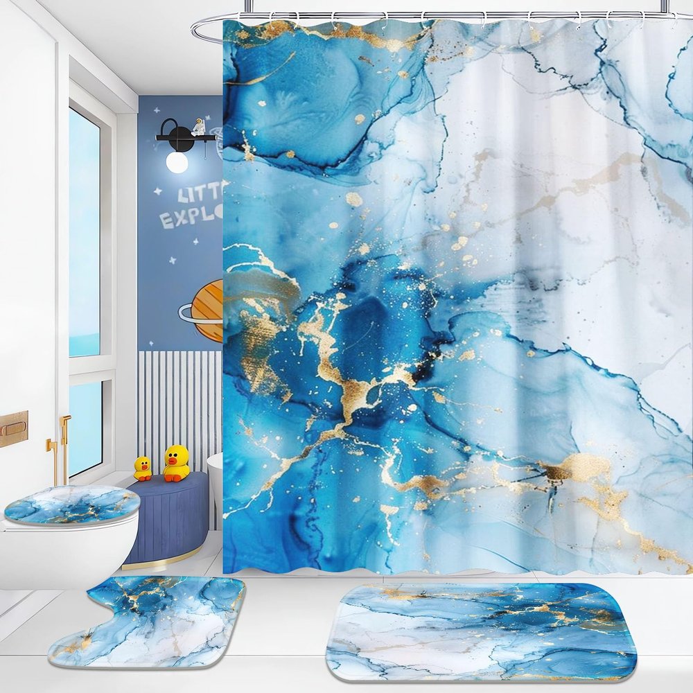Fading Marble Shower Curtain Set, Black, Gold & Green Pattern, 4-Piece, 180 x 180 cm