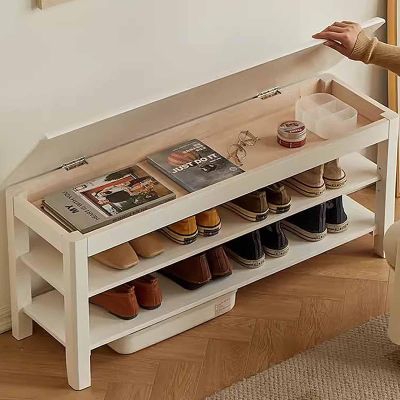 KaBuea Narrow Solid Wood Entryway Bench with Storage and 2-Tier Shoe Organizer