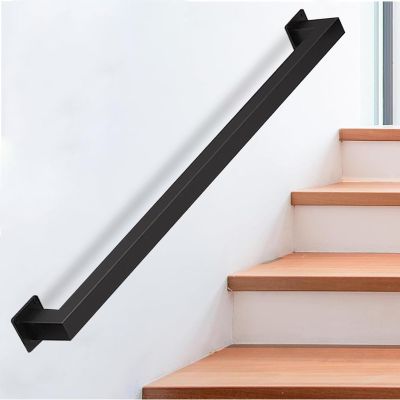 Black Square-Tube Metal Stair Handrail Set with Wall Brackets