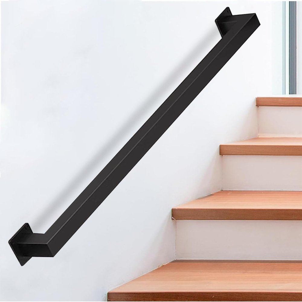 Black Square-Tube Metal Stair Handrail Set with Wall Brackets