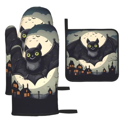 Halloween Bat Oven Mitts and Pot Holder, Grill Gloves and Cooking Holder (3-Piece Set)