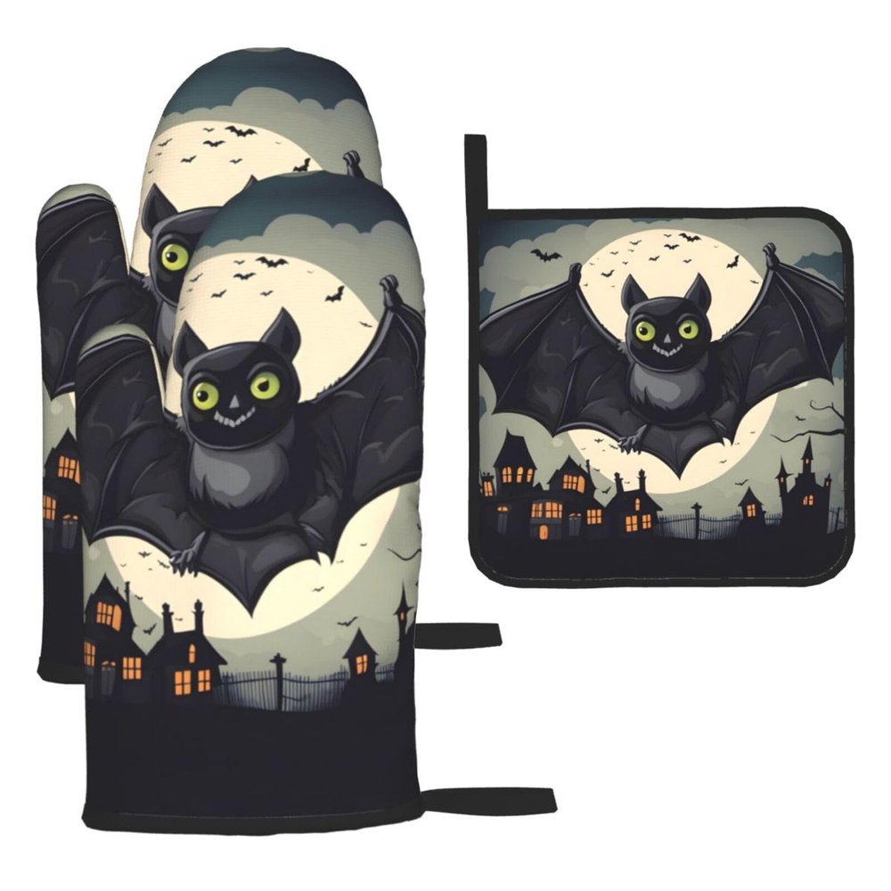 Halloween Bat Oven Mitts and Pot Holder, Grill Gloves and Cooking Holder (3-Piece Set)