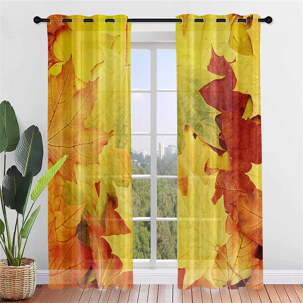 Odot Semi-Sheer Curtains, 3D Autumn Maple Leaf Voile, 2-Piece Set, 132 x 244 cm, Fallen Leaves