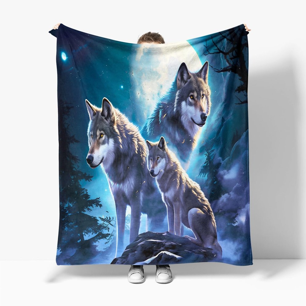 Wolf Moon Animal Print Sherpa Fleece Throw Blanket, Blue, 130 x 150 cm