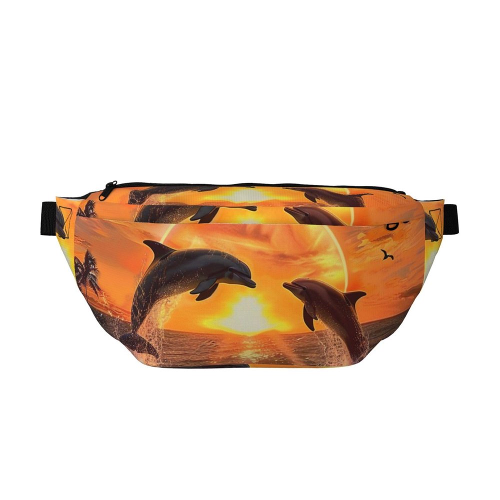 Dolphin Print Waist Bag, Adjustable, Lightweight, Black, One Size