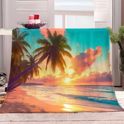 Cozy Fleece Blanket 180 x 220 cm, Coconut Palms at Sunset, Soft Warm Throw for Teens and Adults