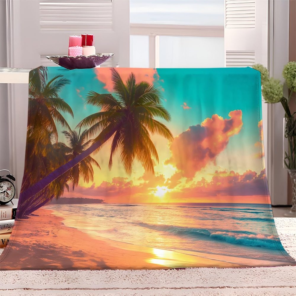 Cozy Fleece Blanket 180 x 220 cm, Coconut Palms at Sunset, Soft Warm Throw for Teens and Adults