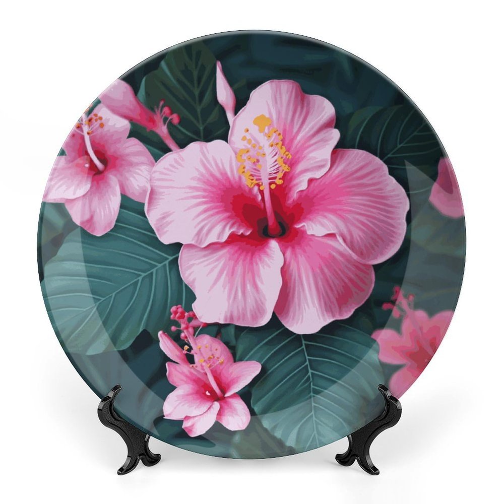 VFMKT Hawaii Flower Bone China Decorative Plate with Stand, 10 in