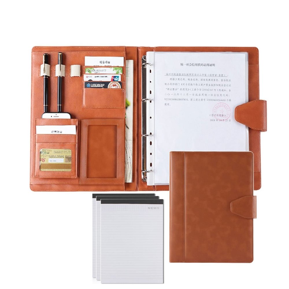 PU Leather Portfolio Organizer with 4-Ring Binder, Blue