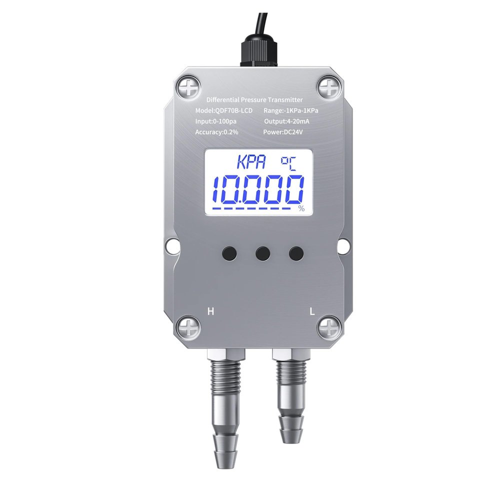 Differential Pressure Transmitter, 4–20 mA/0–10 V/0–5 V/RS485, LCD, 0–200 Pa/0–500 Pa/0–1 kPa/0–2 kPa