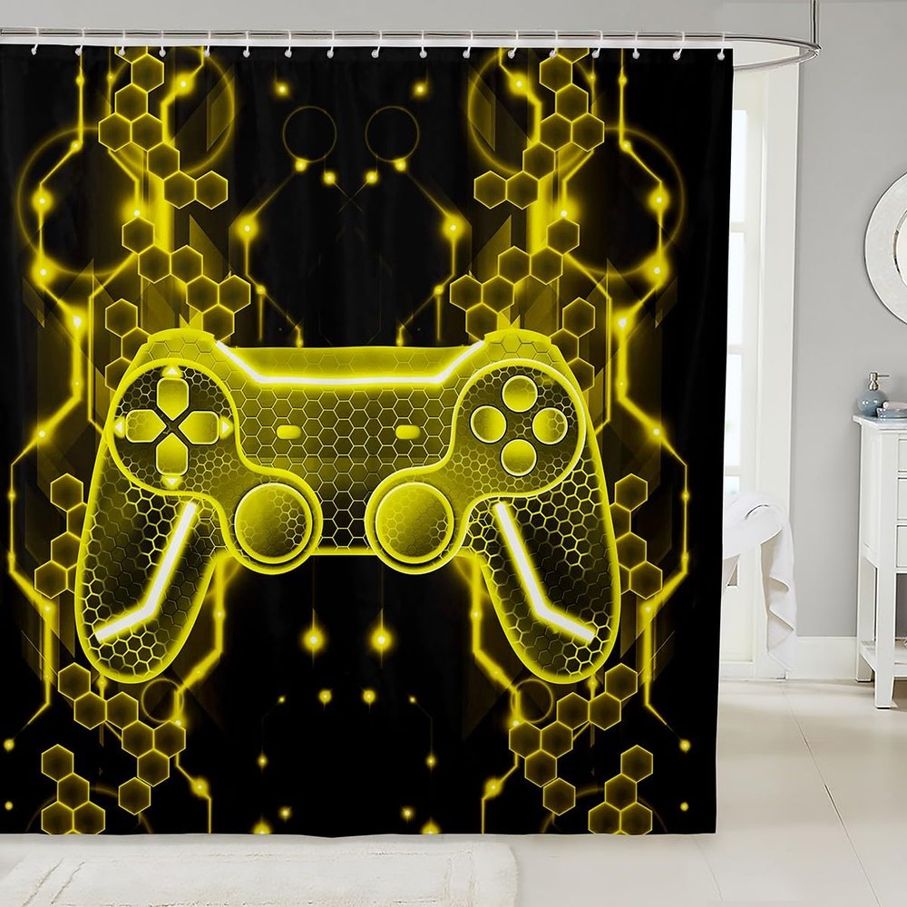 Homemissing Kids' Gamer Shower Curtain, 180 x 180 cm, Game Controller Pattern, Yellow and Black