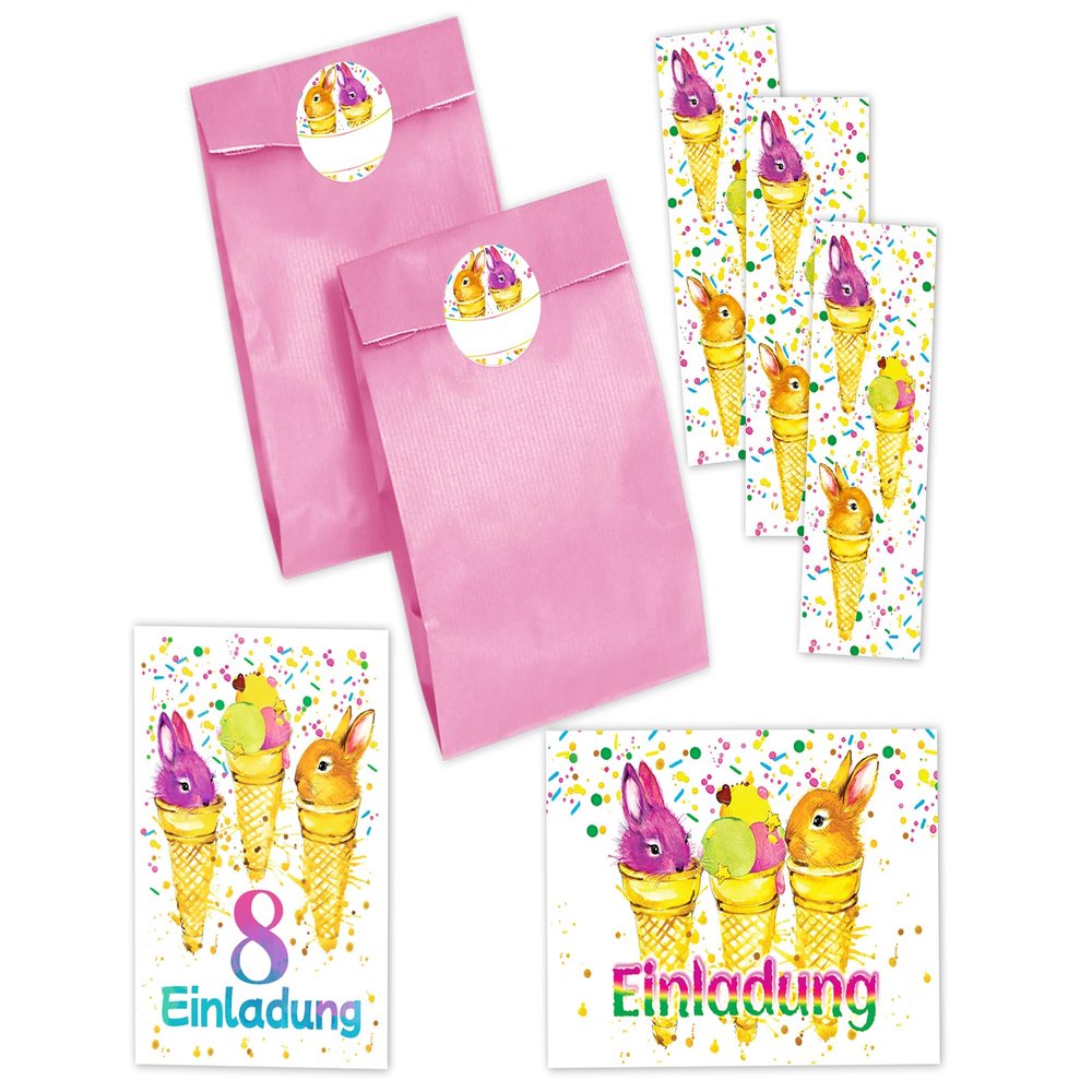 JuNa-Experten 8 Rabbit Invitations for an 8th Birthday, Pink Party Bags, Stickers and Bookmarks