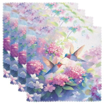 HUISEFOR Hummingbird Hydrangea Cloth Napkins, Set of 4, 18 x 18 in