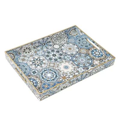Large Rectangular Plastic Serving Tray with Handles, Boho Style