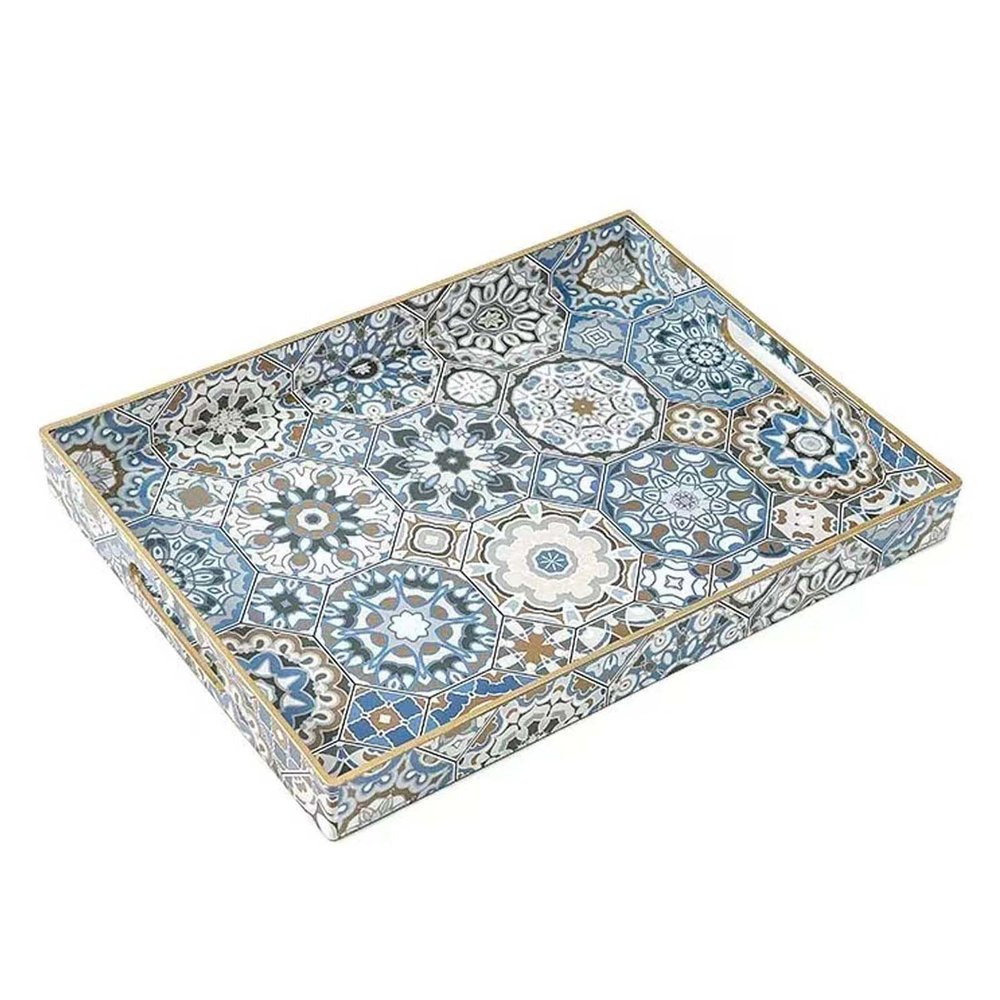 Large Rectangular Plastic Serving Tray with Handles, Boho Style
