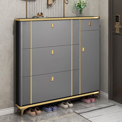 Ultrathin Shoe Cabinet, Narrow Entryway Shoe Rack with Drawer and 3 Adjustable Dividers, Gray, 120 x 24 x 118 cm