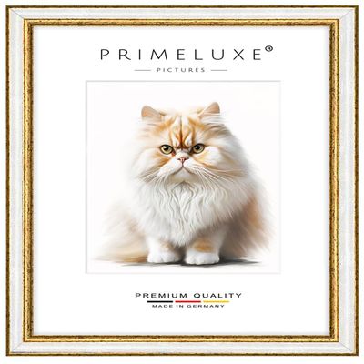 PrimeLuxe Custom-Made Solid Wood Picture Frame, 80 x 80 cm Square, Antique White/Gold, Anti-Glare Acrylic Glass