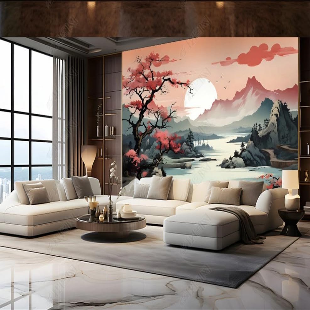 3D Red Plum Hill Water Photo Wallpaper, Non-Woven, 350 × 256 cm