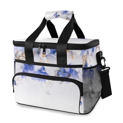 Insulated Lunch Cooler Bag with Blue Butterflies and White Iris