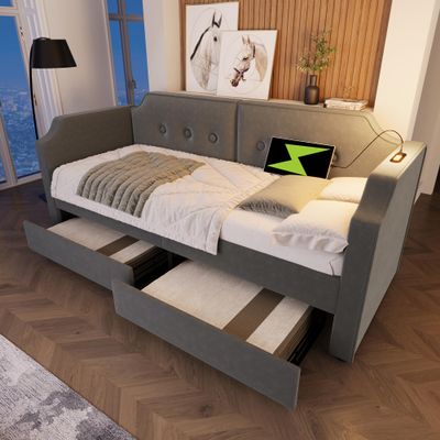 KUAKE Upholstered Bed 90 x 200 cm with USB-C, Reading Light and 2 Storage Drawers, Gray