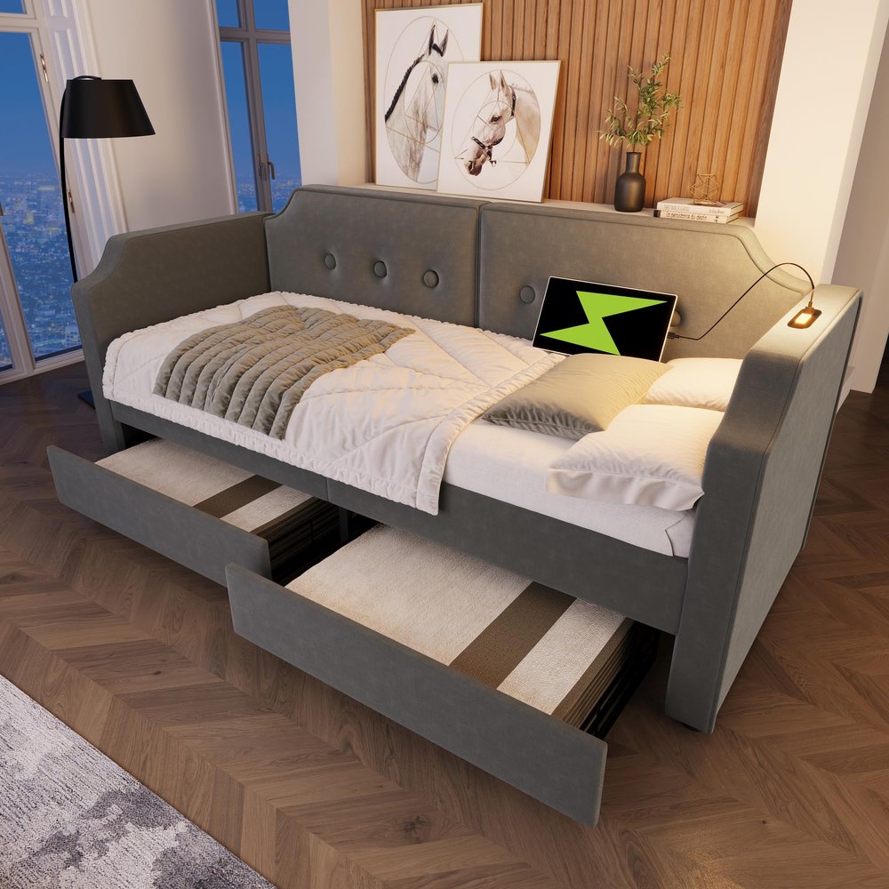 KUAKE Upholstered Bed 90 x 200 cm with USB-C, Reading Light and 2 Storage Drawers, Gray