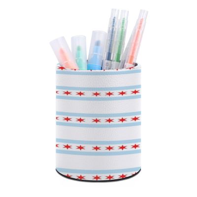 Chicago Flag PU Leather Desk Organizer with Brush and Scissors Holders