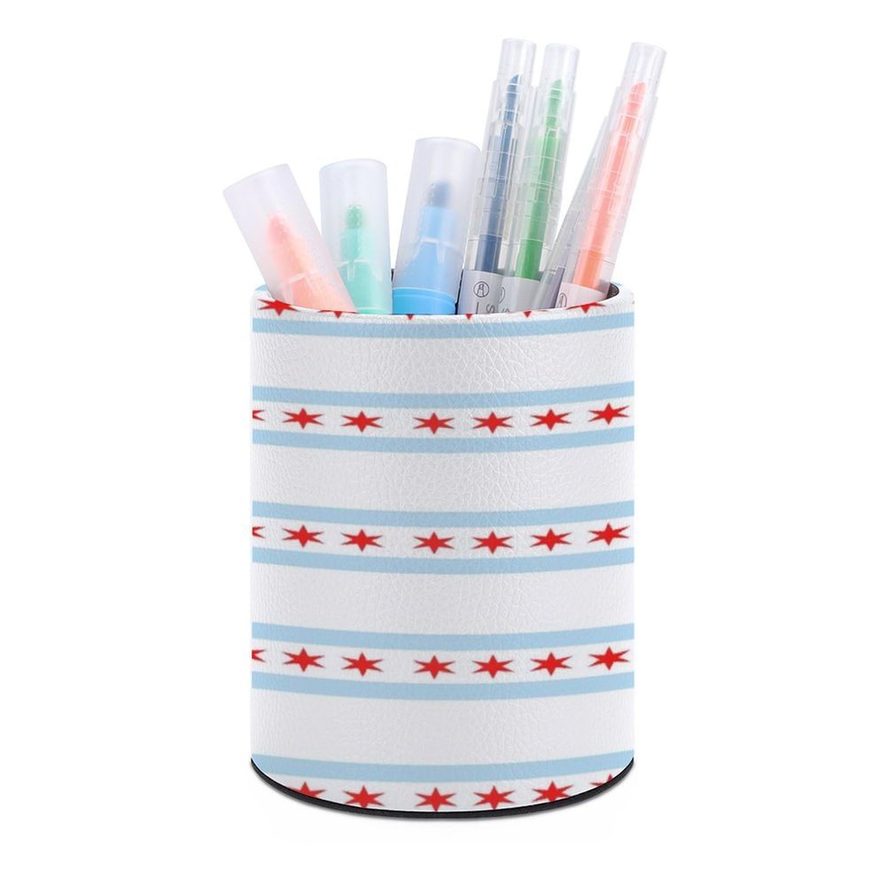 Chicago Flag PU Leather Desk Organizer with Brush and Scissors Holders