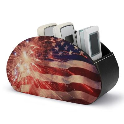 Fireworks American Flag Remote Control Holder, 5-Compartment PU Leather Desk Organizer
